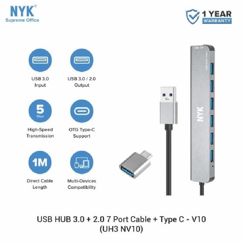 NYK NV10 USB HUB 3.0+2.0 7 PORT KABEL 1M