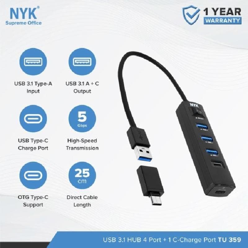 NYK TU-359 USB 3.1 HUB 4 Port + 1 Port C-Charge (with C OTG)