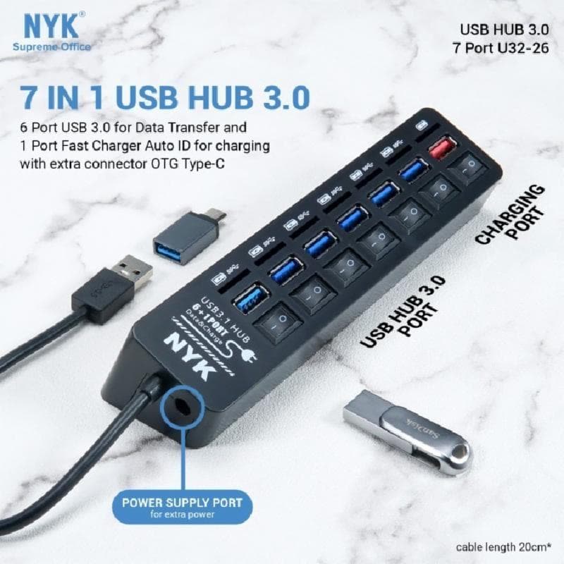 NYK U32-26 USB HUB 3.0 7 PORT + CHARGE with Type-C