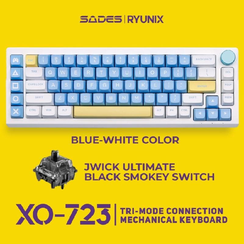 RYUNIX XO-723 (BLUE WHITE JWICK ULTIMATE BLACK SMOKEY SWITCH) Keyboard Gaming Mechanical Tri-mode Connection