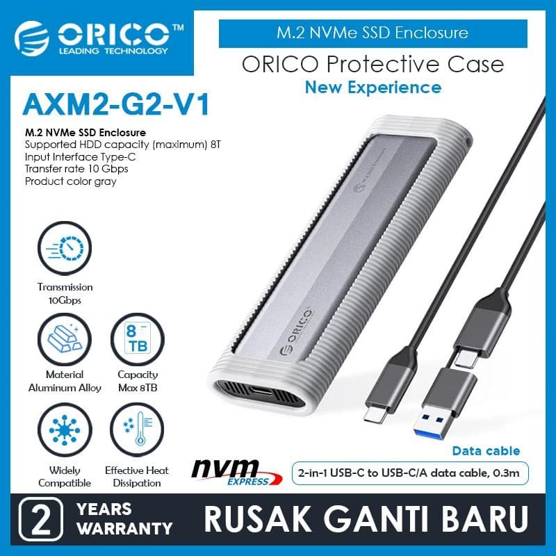 ORICO AXM2-G2-V1-GY M.2 NVMe SSD Enclosure with Silicone Protective Case USB-C up to 10 Gbps, 2-in-1 Cable Portable Hanging Rope
