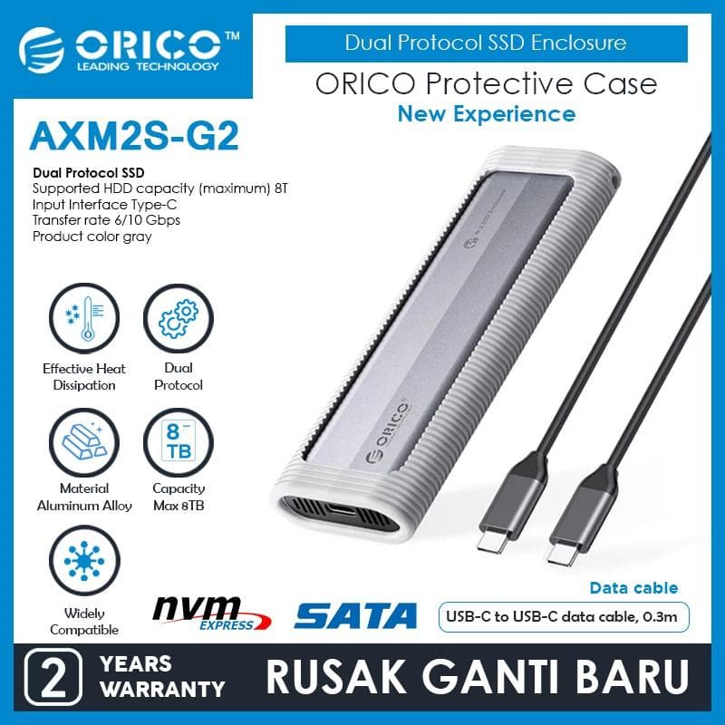 ORICO AXM2S-G2-GY DUAL PROTOCOL M.2 NVMe & M.2 NGFF/M.2 SATA SSD Enclosure with Silicone Protective Case USB-C up to 5/6/10 Gbps