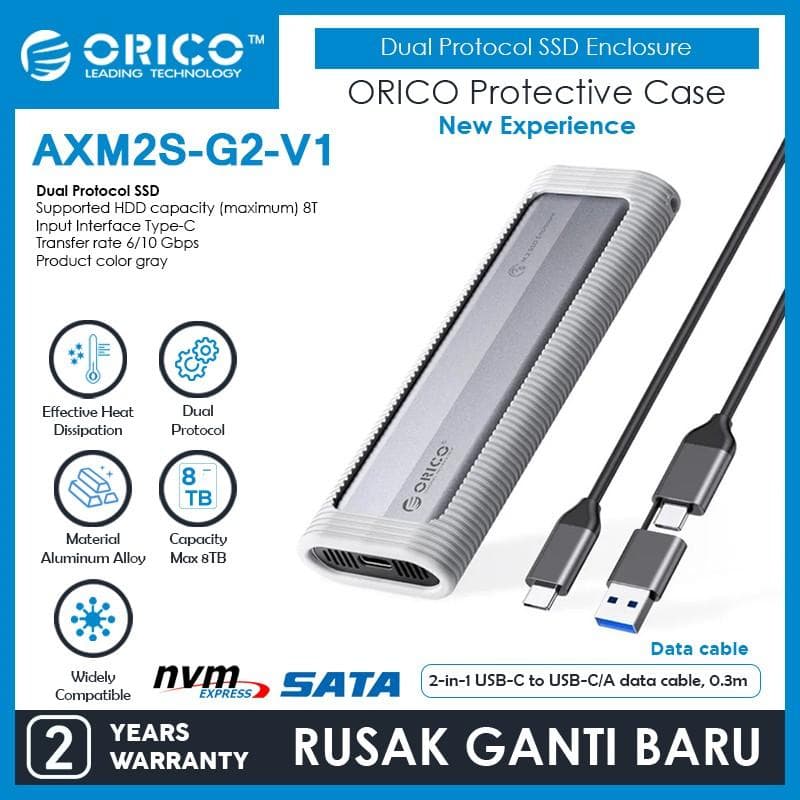 ORICO AXM2S-G2-V1-GY DUAL PROTOCOL M.2 NVMe & M.2 NGFF/M.2 SATA SSD Enclosure with Silicone Protective Case USB-C up to 5/6/10 Gbps, 2-in-1 Cable Portable Hanging Rope