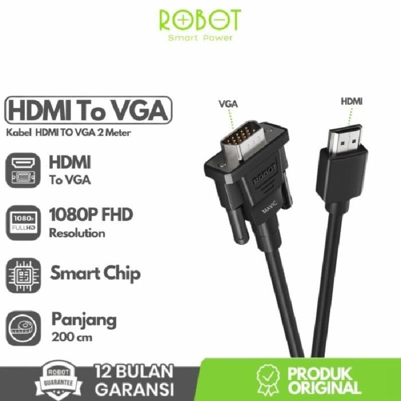 ROBOT RHVC02 Kabel HDMI To VGA Cable Male To Male 1080P Full HD 200CM