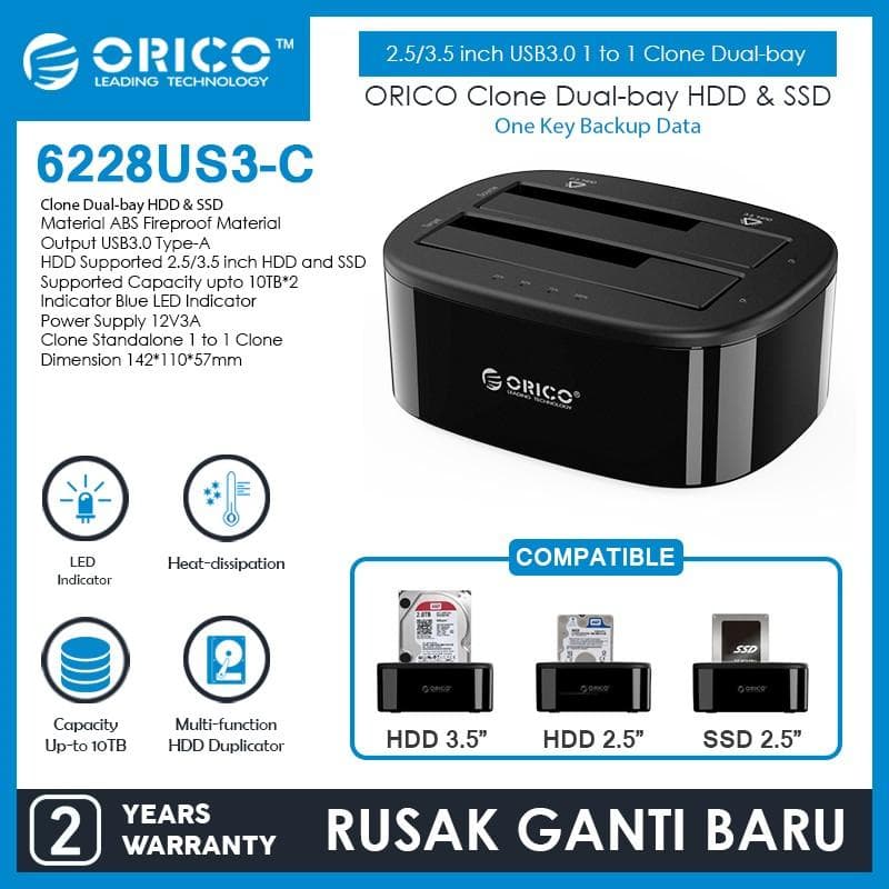 ORICO 6228US3-C 2.5/3.5 inch USB3.0 1 to 1 Clone Dual-bay HDD & SSD