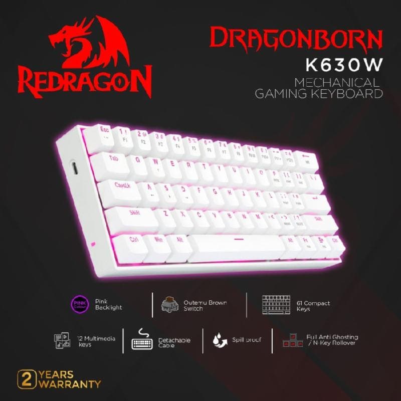 REDRAGON DRAGONBORN - K630W (WHITE) BROWN SWITCH pink backlighting Mechanical Gaming Keyboard