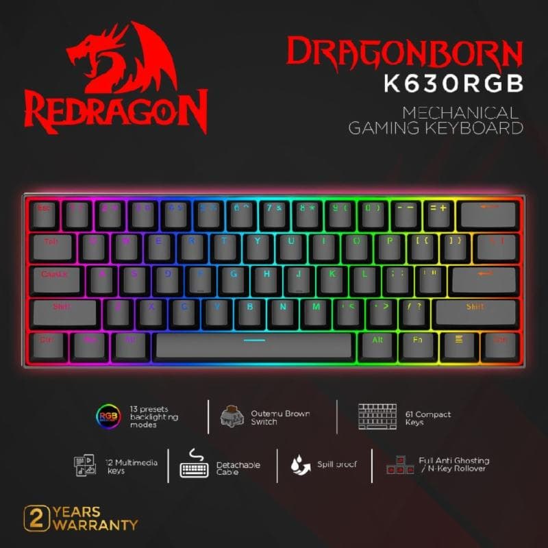 REDRAGON DRAGONBORN - K630RGB (BLACK) RED SWITCH MECHANICAL GAMING KEYBOARD