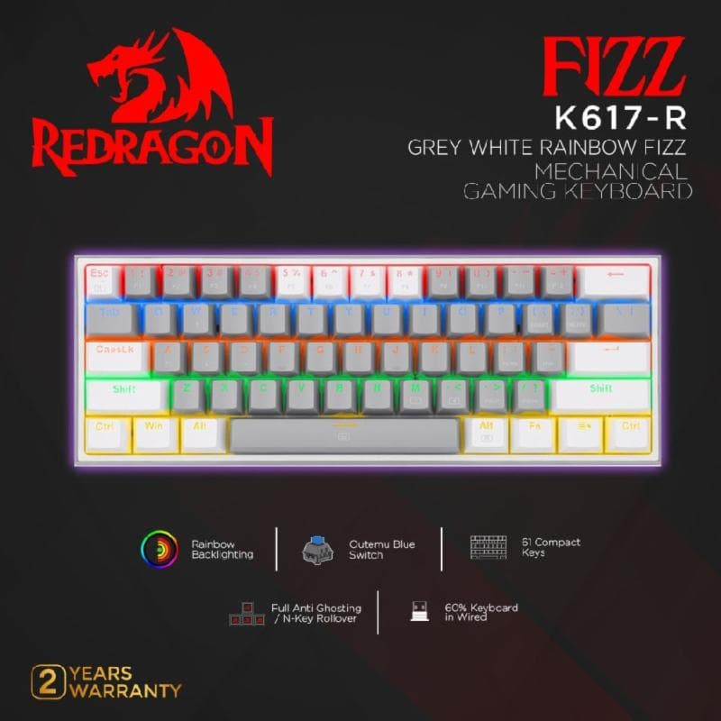 REDRAGON FIZZ-K617-R (GREY WHITE) BLUE SWITCH LED RAINBOW Mechanical Gaming Keyboard 60%