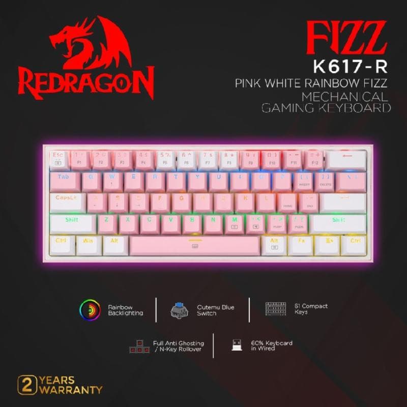 REDRAGON FIZZ-K617-R (PINK WHITE) BLUE SWITCH LED RAINBOW Mechanical Gaming Keyboard 60%