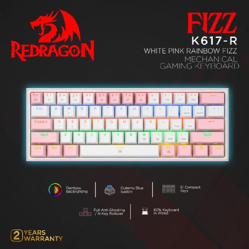 REDRAGON FIZZ-K617-R (WHITE PINK) BLUE SWITCH LED RAINBOW Mechanical Gaming Keyboard 60%