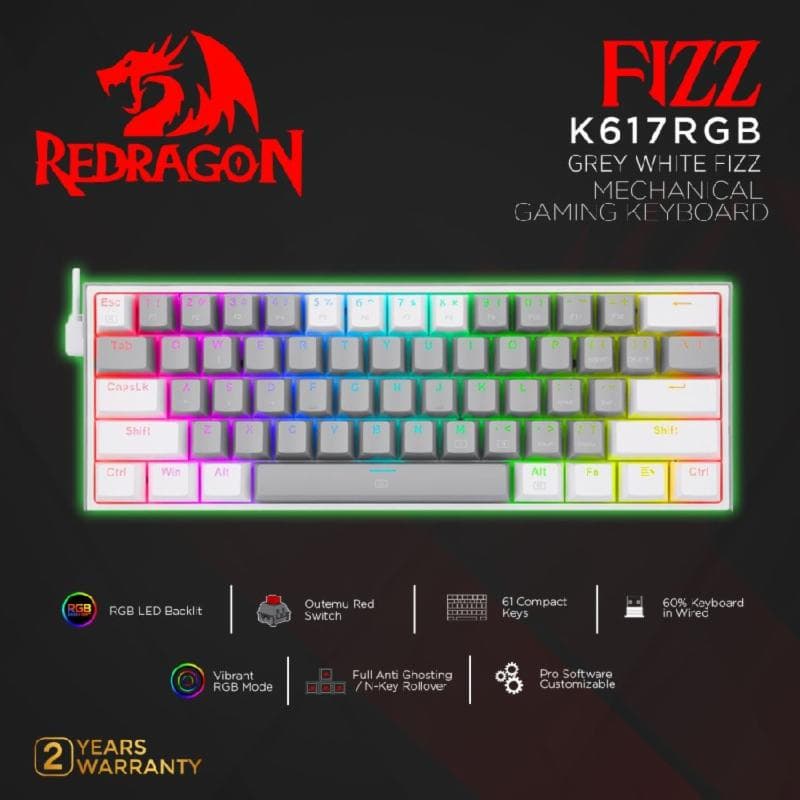 REDRAGON FIZZ - K617-RGB (GREY WHITE) RED SWITCH MECHANICAL GAMING KEYBOARD