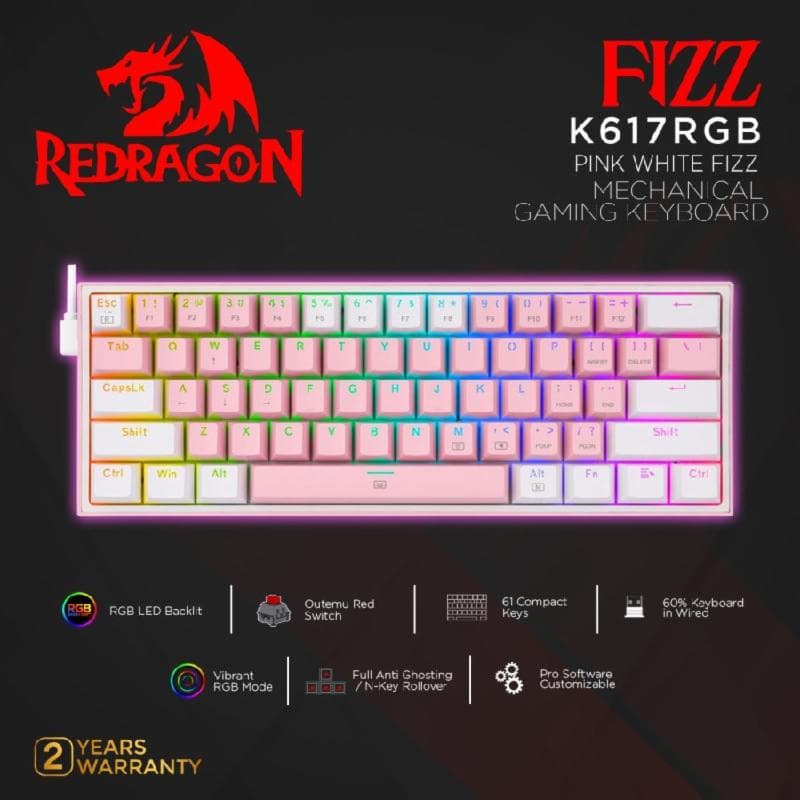 REDRAGON FIZZ - K617-RGB (PINK WHITE) RED SWITCH MECHANICAL GAMING KEYBOARD