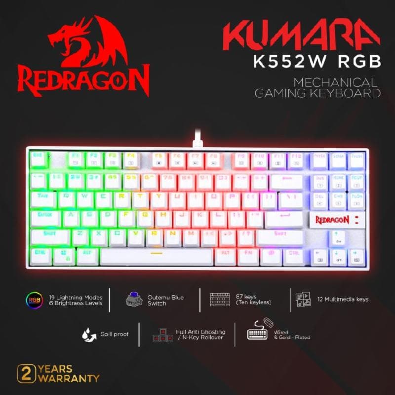 REDRAGON KUMARA - K552W-RGB (WHITE) RED SWITCH Gaming Keyboard Mechanical RGB