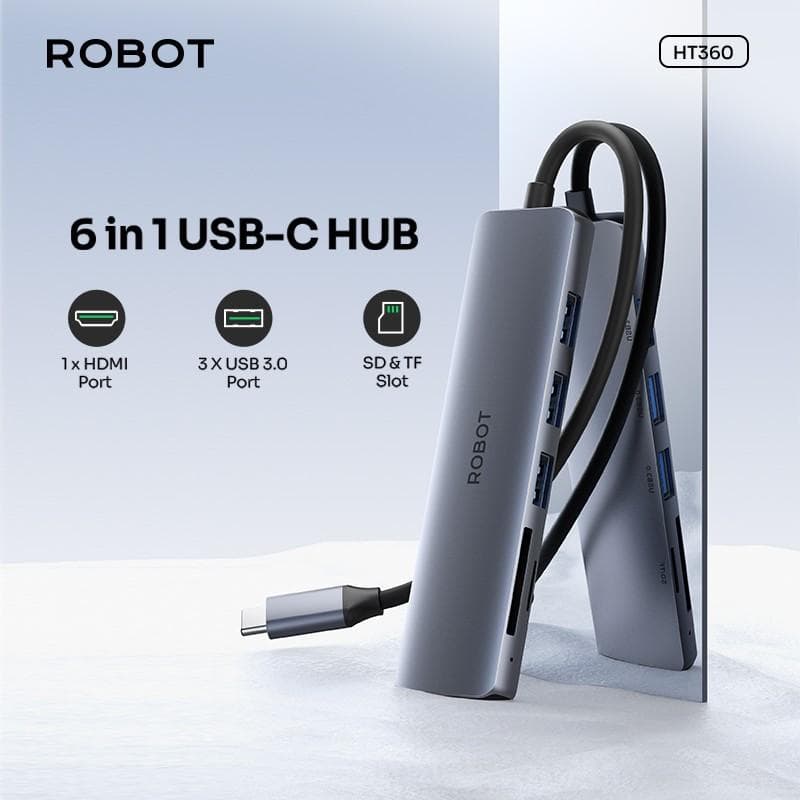 ROBOT HT360 Multiport 6 in 1 USB-C HUB Adapter HDMI Micro SD Card