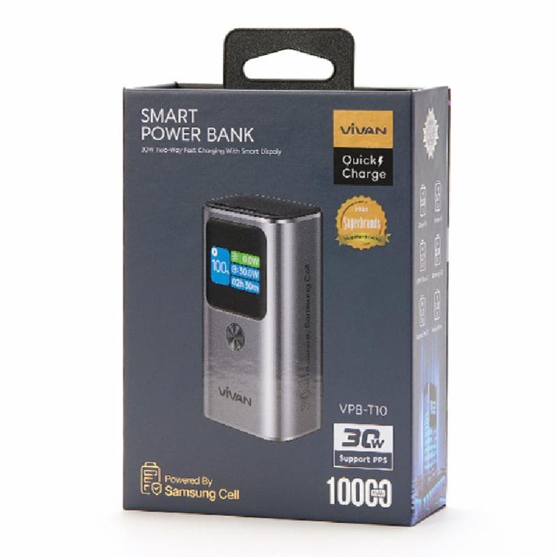 VIVAN VPB-T10 (Silver) Powerbank TFT Smart Screen 10.000 mAh 30W Fast Charging PD QC 3.0