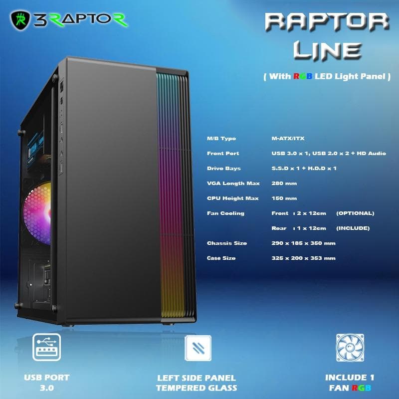 POWER UP RAPTOR LINE (BLACK) SIDE TEMPERED GLASS + PSU FREE 1 FAN