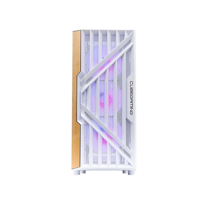 CUBE GAMING PREMIUM FURY (WHITE) - ATX Gaming Case - Front Mesh with WOOD Exotic Design & Left Side Tempered Glass with Hinged Panels-FREE 3PCS 12CM ARGB FAN