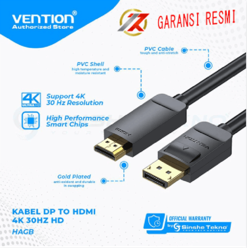 VENTION HAGBF 1M KABEL DP to HDMI 4K@30Hz Tinned copper Cable Black