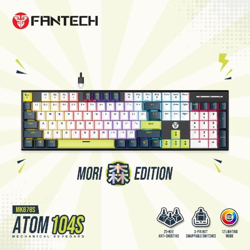 FANTECH ATOM 104S MK878S (WHITE BLUE) RED SWITCH GAMING MECHANICAL KEYBOARD