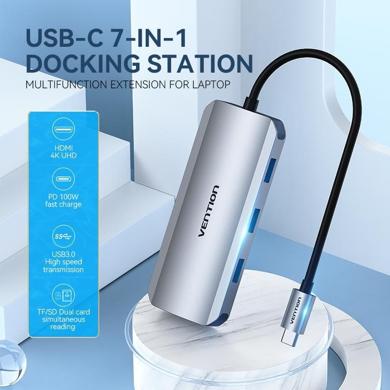 VENTION TOJHB USB-C to HDMI/USB 3.0x3/SD/TF/PD Docking Station Gray 0.15M Aluminum Alloy Type
