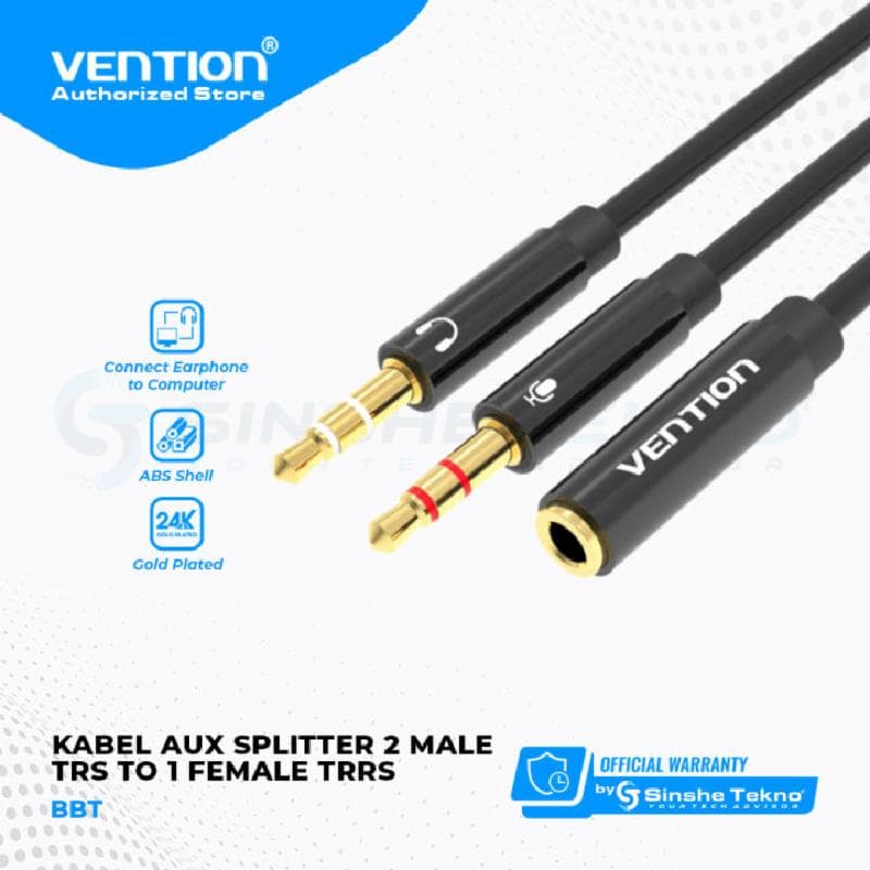 VENTION BBTBAB 0.6M Jack Splitter Cable 2*3.5mm Male to 4 Pole 3.5mm Female Audio Cable Black ABS Type