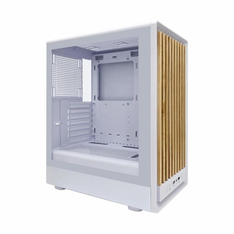 CUBE GAMING CATRIZE (WHITE) - ATX Gaming Case - All White Inside - Front Mesh with WOOD Exotic Design & Left Side Tempered Glass - Dust Filter - PSU Cover