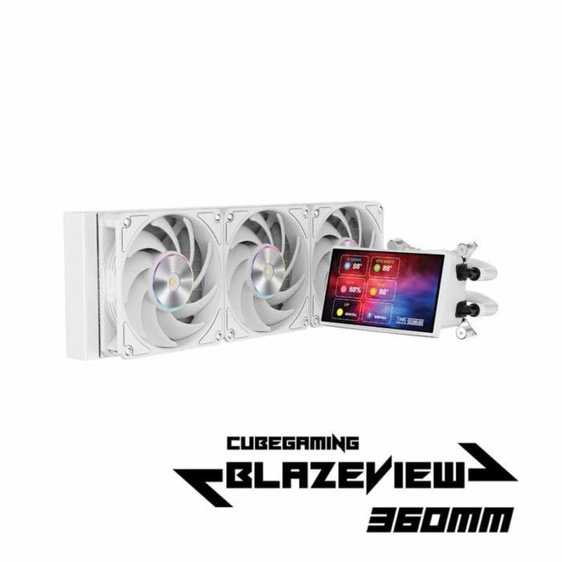 CUBE GAMING BLAZEVIEW 360 ARGB WHITE PERFORMANCE FAN Liquid Cooler - 5" IPS Screen Display - Magnetic Rotatable Pump Head with Custom Display