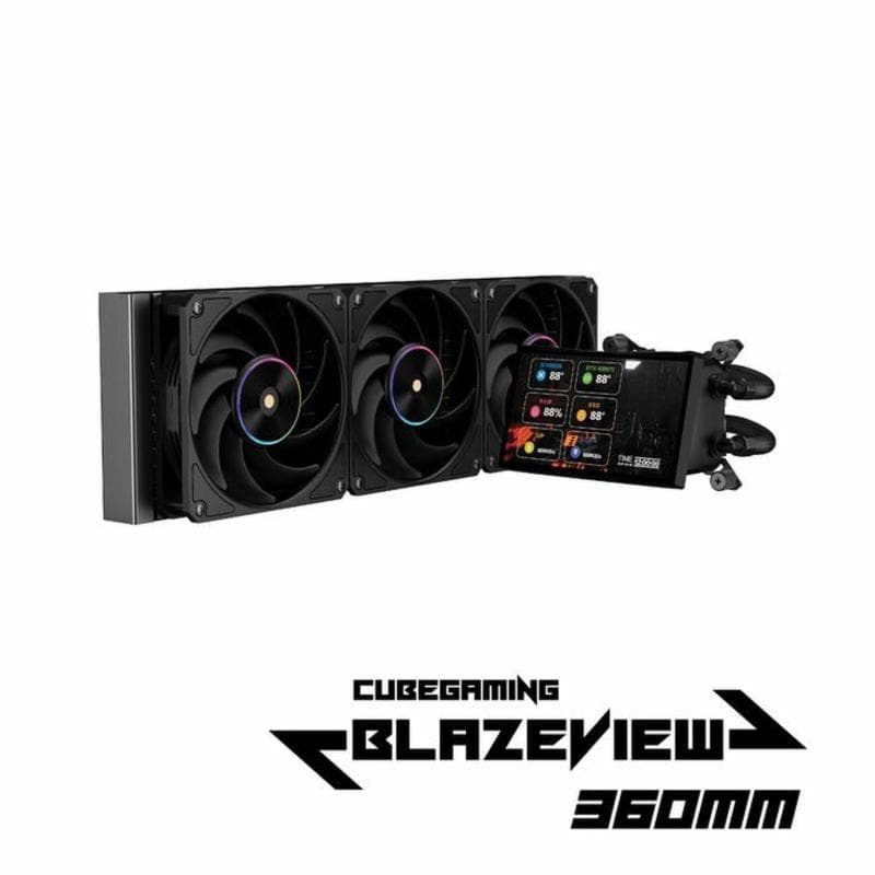 CUBE GAMING BLAZEVIEW 360 ARGB BLACK PERFORMANCE FAN Liquid Cooler - 5" IPS Screen Display - Magnetic Rotatable Pump Head with Custom Display