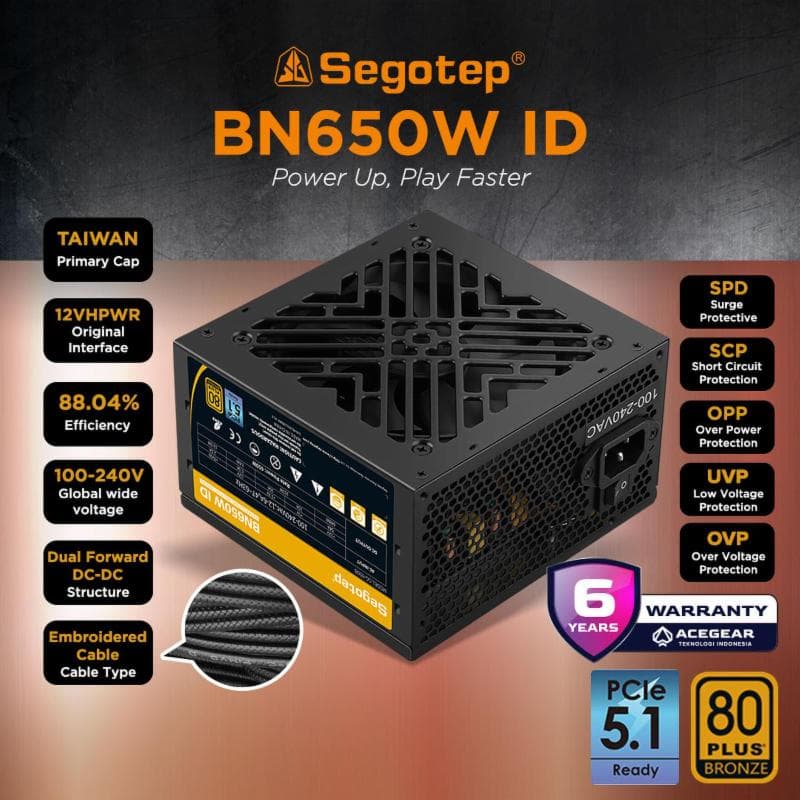 SEGOTEP BN650W ID ATX2.3 PCIE 5.1 (650W 80PLUS BRONZE PSU Flat Cable Non Modular)
