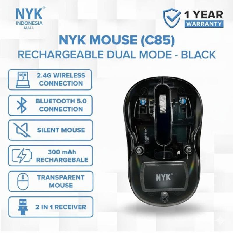 NYK C85 (Black) Mouse Dual Mode Rechargeable Wireless Silent Optical Transparan
