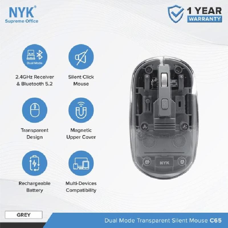 NYK C65 (Grey) Silent Click Dual Mode Bluetooth Wireless Rechargeable Transparant