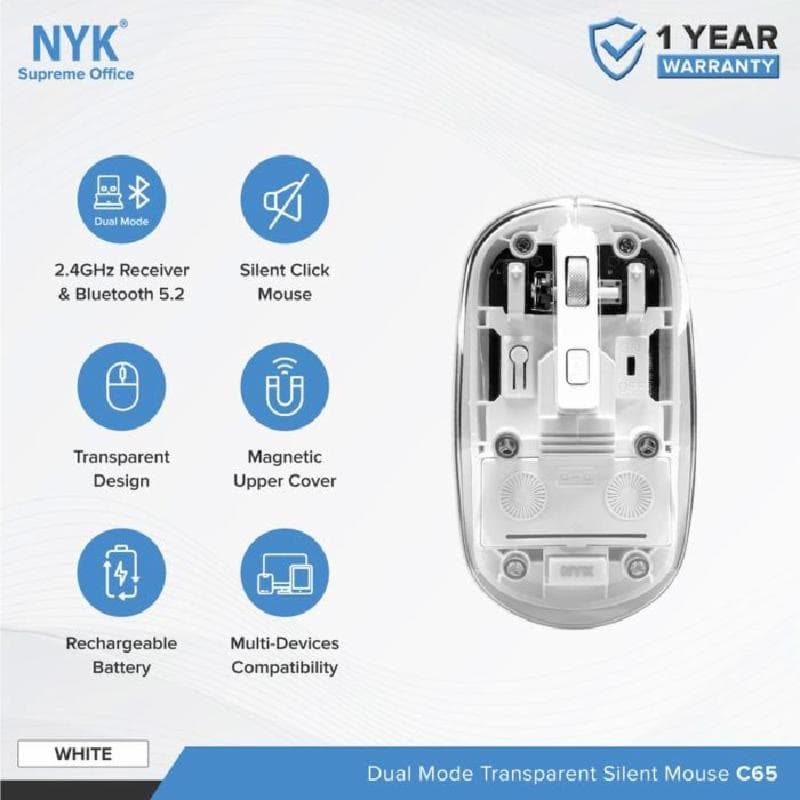 NYK C65 (White) Silent Click Dual Mode Bluetooth Wireless Rechargeable Transparant