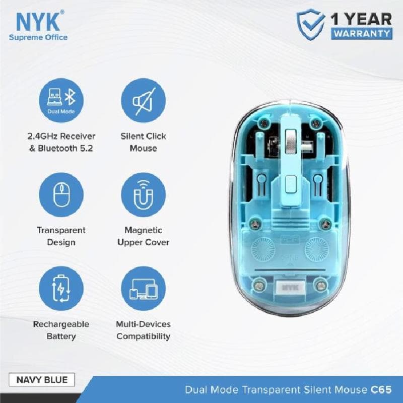 NYK C65 (Tosca) Silent Click Dual Mode Bluetooth Wireless Rechargeable Transparant