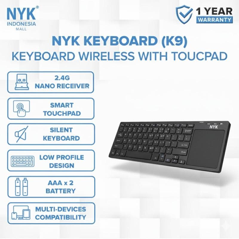 NYK K9 Keyboard Wireless Touchpad Smart, Silent, Multi Device 2.4G