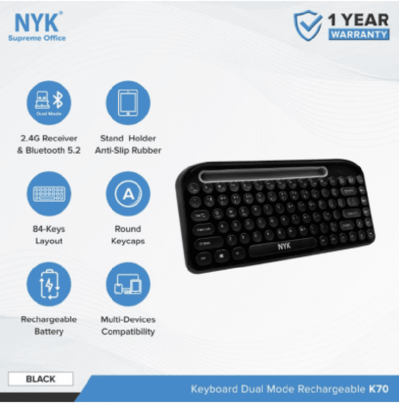 NYK K70 (Black) Keyboard Bluetooth Wireless Stand Holder Reachargeable