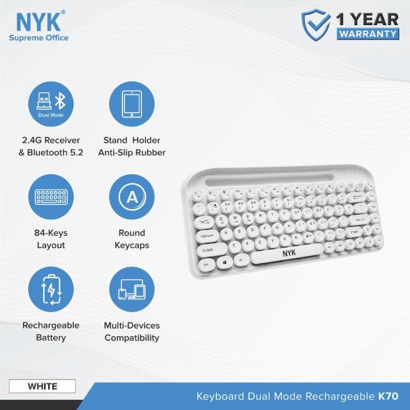 NYK K70 (White) Keyboard Bluetooth Wireless Stand Holder Reachargeable