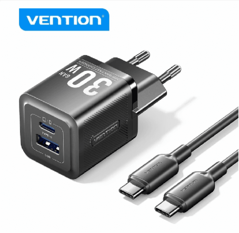 VENTION TZ-FEQB0-EU 01 Adapter Charger 2-Port USBC+GaN Charge (30W) With C to C Cable 1m Black