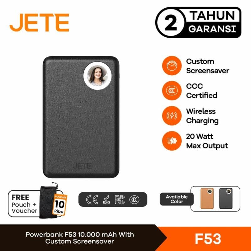 JETE F53 (BLACK) 10000mAh Power Bank Wireless 20W Fast Charging Port USB Type C For Android iPhone Custom Display LED