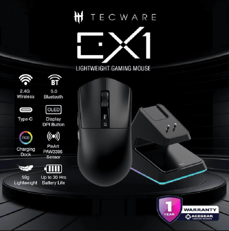 TECWARE EX1 26k (Black) wireless mouse w/ OLED display and RGB charging dock