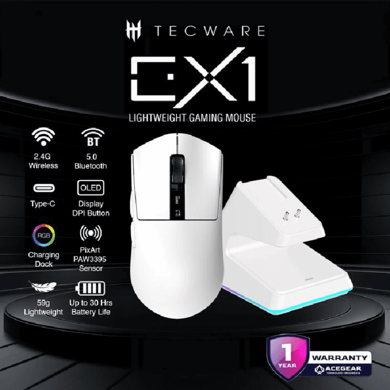 TECWARE EX1 26k (White) wireless mouse w/ OLED display and RGB charging dock