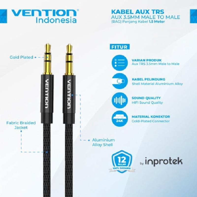VENTION BAGBG 1.5M KABEL AUDIO 3.5mm Male to Male Audio Cable Fabric Braided Black Metal Type