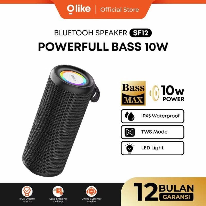 OLIKE SF12 Black Speaker Bluetooth Bass 10W | LED Light | HD Audio Stereo Bass Max | Support TWS | Mode IPX5 Waterproof
