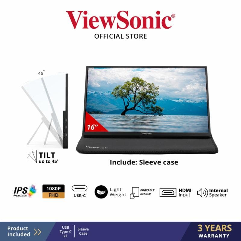 VIEWSONIC VA1650 16" IPS 1080p FHD Speaker USB-C HDMI Monitor Portable LED