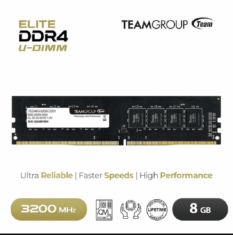 TEAM ELITE 8GB (1x8GB) 3200mhz DDR4 (TED48G3200C22BK)