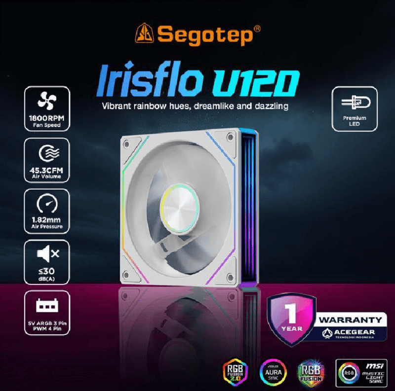 SEGOTEP Irisflo U120 White ARGB FORWARD PWM (Infinity Mirror 1800RPM Case Fan)