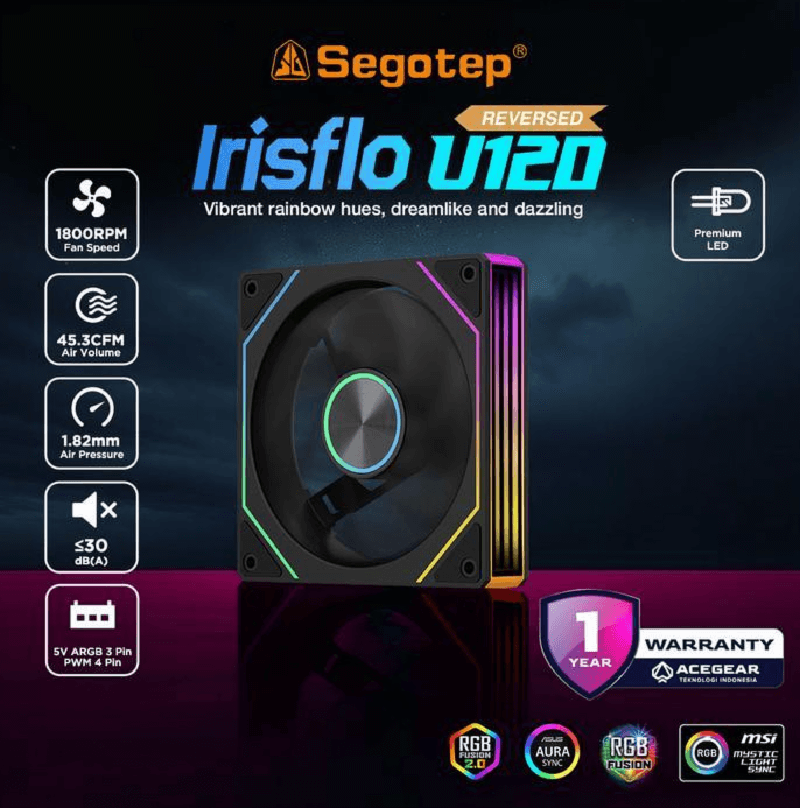 SEGOTEP Irisflo U120F Black ARGB PWM REVERSE (Infinity Mirror 1800RPM Case Fan)