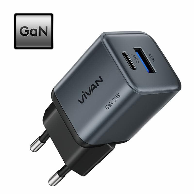 VIVAN GaN10 (Silver) Charger 35W Fast Charging Dual Output PD QC 3.0