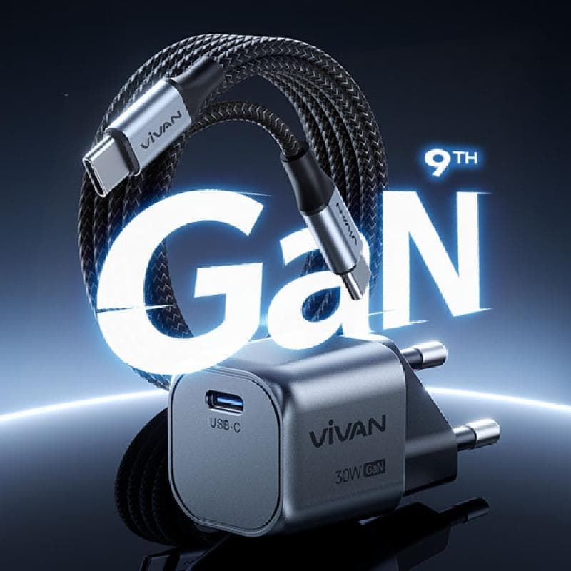 VIVAN GaN-Q30C (Black) Charger 30W Fast Charging USB-C PD QC 3.0