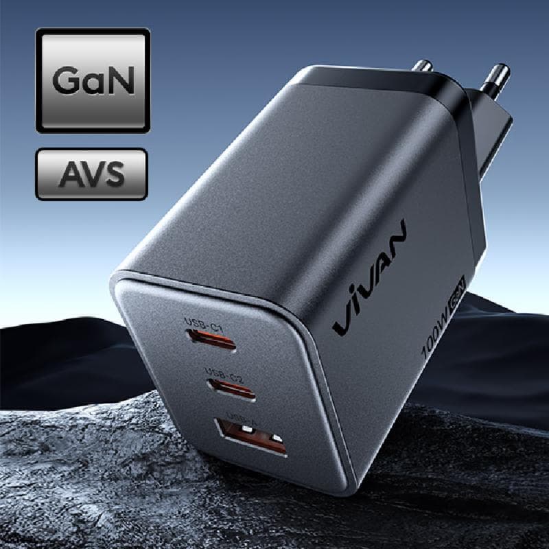 VIVAN GAN100 (Black) 100W AVS Fast Charging GaN Charger 3 Port USB-A USB-C PD/PPS/AFC/QC 3.0 Support Notebook/Macbook pro