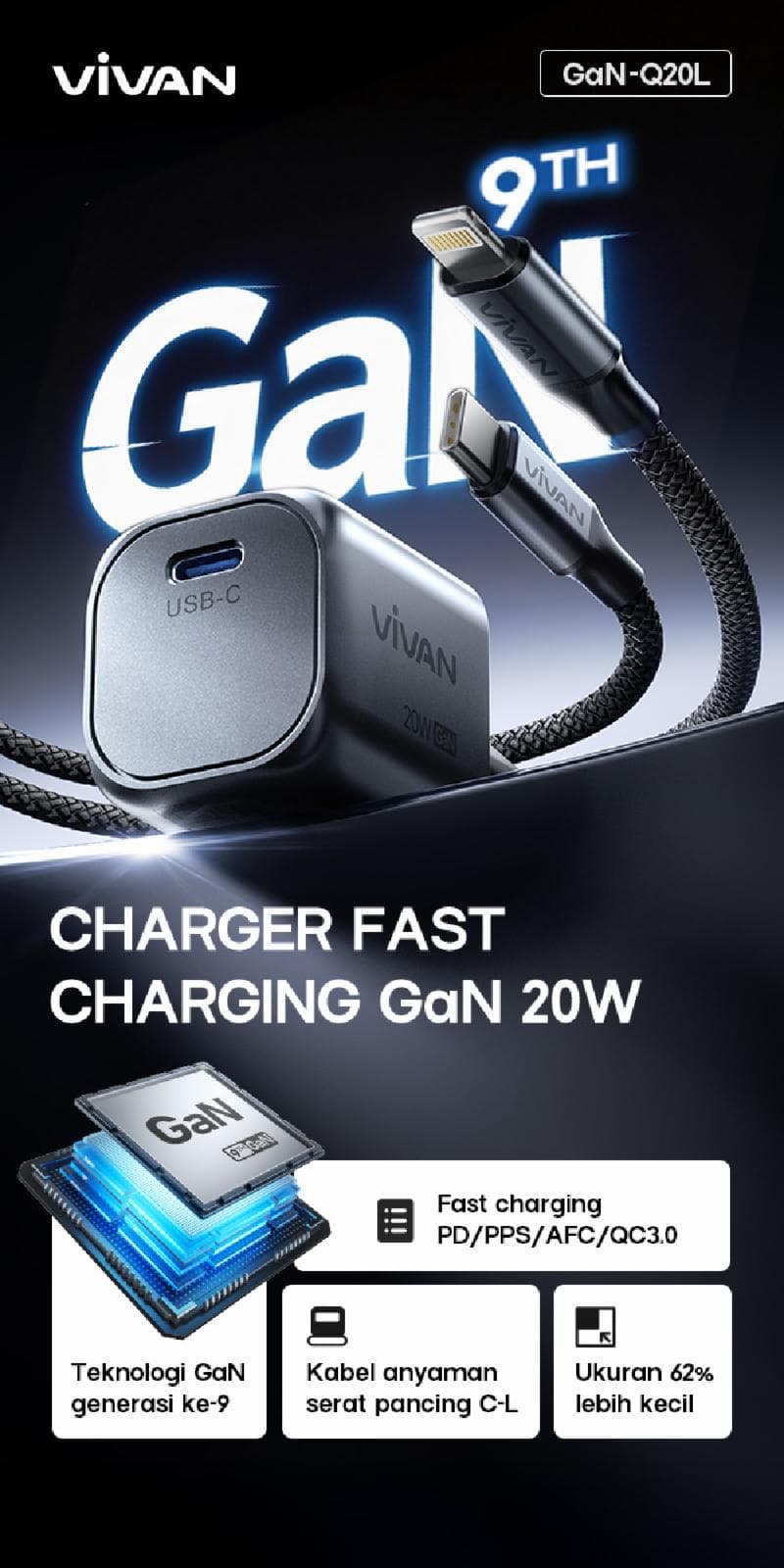VIVAN GaN-Q20L (Black) Charger 20W Fast Charging USB-C PD/PPS/AFC/QC 3.0